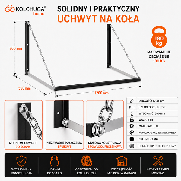 WIESZAK /STOJAK REGAŁ P&Oacute;ŁKA UCHWYT NA OPONY KOŁA FELGI (R13-R22) REGULOWANY (CZARNY)