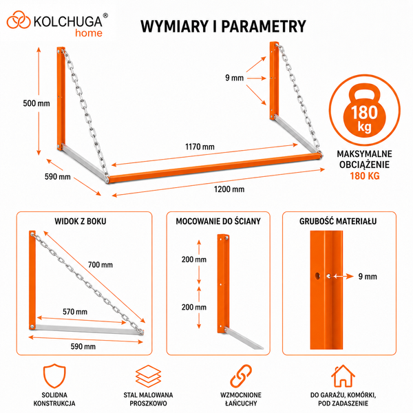 WIESZAK /STOJAK REGAŁ P&Oacute;ŁKA UCHWYT NA OPONY KOŁA FELGI (R13-R22) REGULOWANY (pomarańczowy)180 KG.