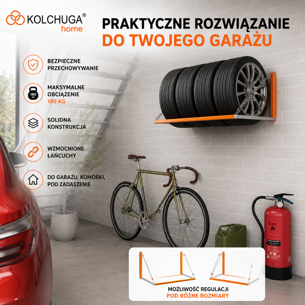 WIESZAK /STOJAK REGAŁ P&Oacute;ŁKA UCHWYT NA OPONY KOŁA FELGI (R13-R22) REGULOWANY (pomarańczowy)180 KG.