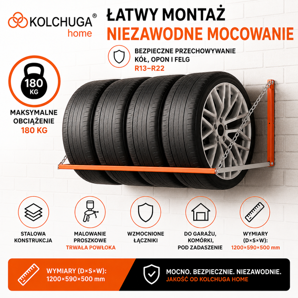 WIESZAK /STOJAK REGAŁ P&Oacute;ŁKA UCHWYT NA OPONY KOŁA FELGI (R13-R22) REGULOWANY (pomarańczowy)180 KG.