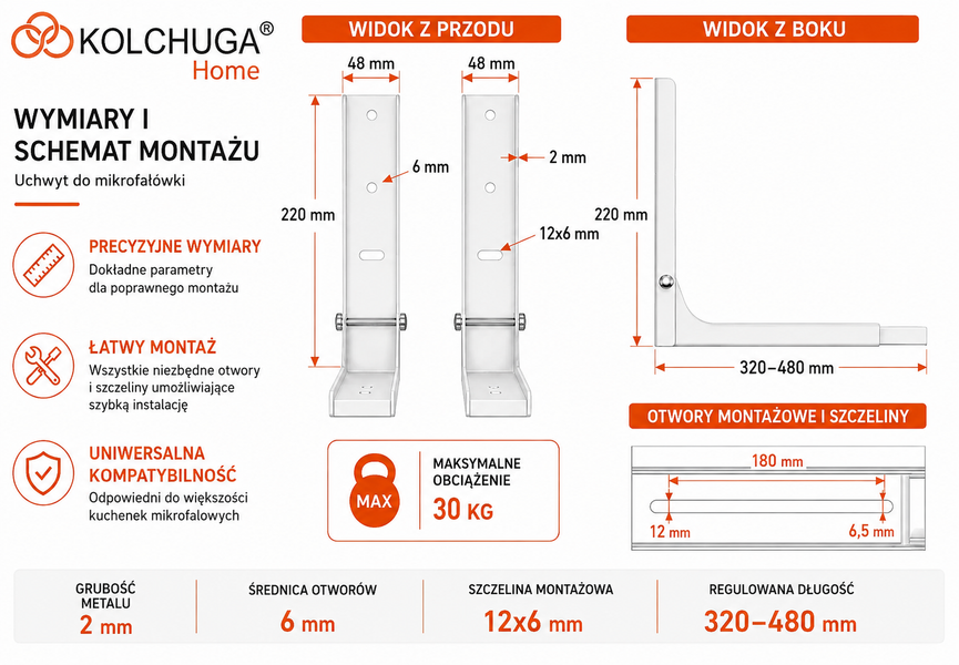 UCHWYT ŚCIENNY POD MIKROFAL&Oacute;WKĘ P&Oacute;ŁKA NAŚCIENNA DO KUCHNI BIAŁY KOLCHUGA