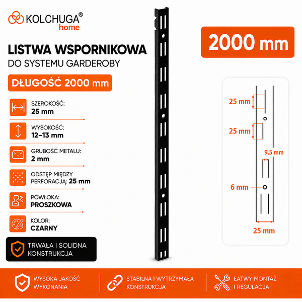 Listwa ścienna podw&oacute;jna 200 cm czarna | System regałowy KOLCHUGA