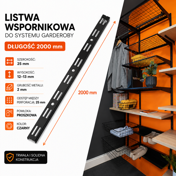 Listwa ścienna podw&oacute;jna 200 cm czarna | System regałowy KOLCHUGA