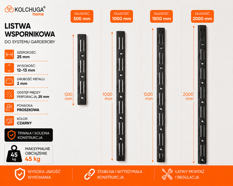 Listwa ścienna podw&oacute;jna 200 cm czarna | System regałowy KOLCHUGA